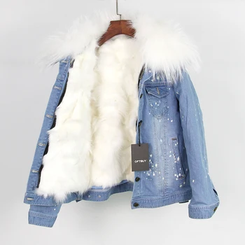 Brand 2020 toamna iarna haina jacheta femei Găuri jacheta Denim foarte mare, o blană de raton guler și real blană de Vulpe cald gros de Linie