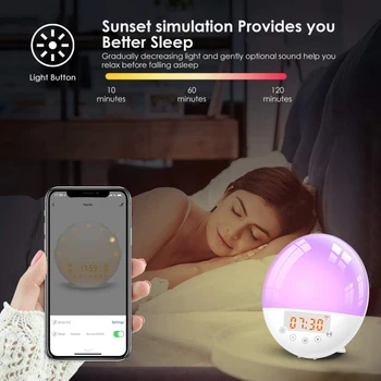 Ceas deșteptător WIFI Control Vocal Wake-Up Light Digital Amânare Natura Lampa de Noapte Ceas de Lumină Colorate, Cu Sunete din Natură Smart Home