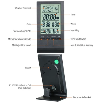 Mini Termometru Digital Interior Higrometru Temperatura Camerei, Umiditate Metru Ecartament Ceas Prognoza Meteo Max Min Afișare Valoare