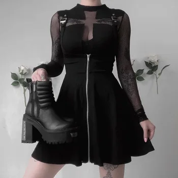 Epocă Întunecată Femei Fusta Culoare Solidă Talie Mare Suspensor Fuste 2019 Noi Gotic Streetwear Grunge Stil Punk Negru Fusta Feminin