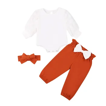 0-18M Copil Nou-născut Fete de Îmbrăcăminte Seturi Polka Dot Long Sleeve Solid Puf Salopeta Topuri Bowknot Bandană Pantaloni Fete Outift 0-18M