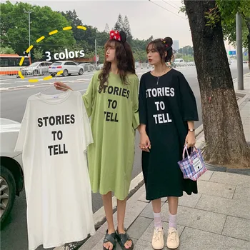 Bumbac cu Maneci Scurte T-Shirt de Vară 2020 coreean Casual Negru Topuri Largi Show Subțire Mari de Grăsimi Femei O-Gât Supradimensionat Scrisoare Rochie