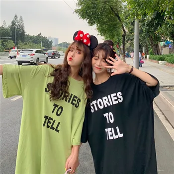 Bumbac cu Maneci Scurte T-Shirt de Vară 2020 coreean Casual Negru Topuri Largi Show Subțire Mari de Grăsimi Femei O-Gât Supradimensionat Scrisoare Rochie