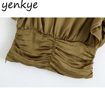 Vintage Culoare Solidă Satin Crop Top Femei Sexy Profundă V-Neck Short Sleeve Ruched Talie Moda Topuri de Vara BBWM2638