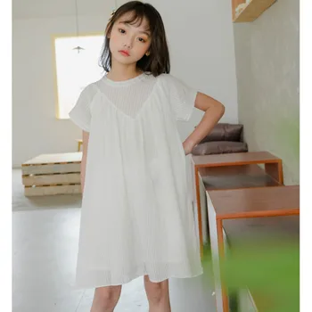 Fete Haine De Vară 2020 New Sosire Copii Fete Coreene Cu Dungi Gol Rochii Fete Adolescente Dulce Printesa Fairy Rochii, #8763