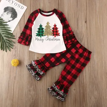 2020 Nou Primavara Toamna pentru Copii Baby Girl Haine Crăciun Fericit Zburli T-shirt Pleduri Pantaloni de Costum Pom de Crăciun Set