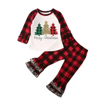 2020 Nou Primavara Toamna pentru Copii Baby Girl Haine Crăciun Fericit Zburli T-shirt Pleduri Pantaloni de Costum Pom de Crăciun Set