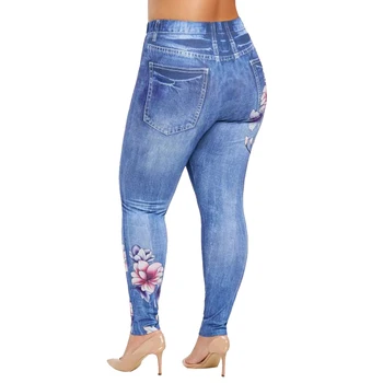 6XL Plus Dimensiunea Femei Florale Imprimare Pantaloni Lungi Imitație Denim Pantaloni Femei Colanti cu Fermoar Pantaloni sex Feminin spodnie damskie Streetwear D30