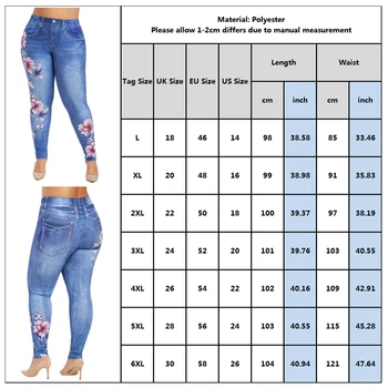 6XL Plus Dimensiunea Femei Florale Imprimare Pantaloni Lungi Imitație Denim Pantaloni Femei Colanti cu Fermoar Pantaloni sex Feminin spodnie damskie Streetwear D30