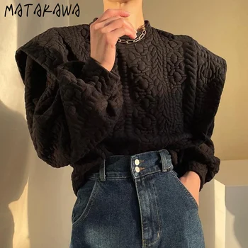 MATAKAWA Toamna Gât Rotund Pulover Tricoul Textura de Proiectare Vrac Împletit Fals Două Piese Maneca Lunga, Hanorace Femei