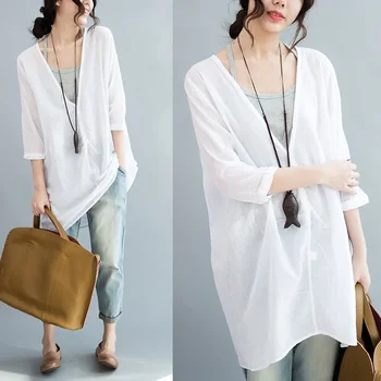 2 Bucăți Set De Moda Coreeană Alb Tricou Femei Din Bumbac Bluze Topuri Plus Dimensiune Camasi Cu Maneca Lunga Soare, Îmbrăcăminte De Protecție