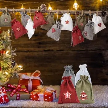 Crăciun Advent Calendar Saci Set de 24 de Zile Pânză groasă de sac Advent Calendar Cadou Cordon Saci cu Clipuri și Sfoară de Cânepă pentru Decor Acasă