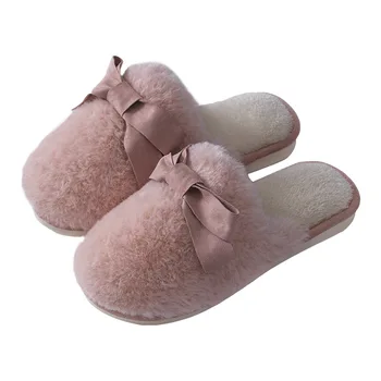Drăguț Arc Papuci De Blană Pentru Femei De Iarna Noi Caldă Turma De Pluș Dormitor Doamnelor Pantofi Plat Casei Cupluri Cu Blană Papuci