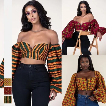 Sexy Umăr Pe Topuri 2020 Știri de Moda Doamnelor Dashiki Print V-neck Lantern Maneca cu Fermoar Tricouri Africane Rochii pentru Femei