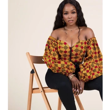 Sexy Umăr Pe Topuri 2020 Știri de Moda Doamnelor Dashiki Print V-neck Lantern Maneca cu Fermoar Tricouri Africane Rochii pentru Femei