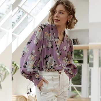 Matase Bluza Femei Camasa Stil Vintage Cu Flori Imprimate Mâneci Lungi Vrac V Gât Grațios Stil De Moda Noua