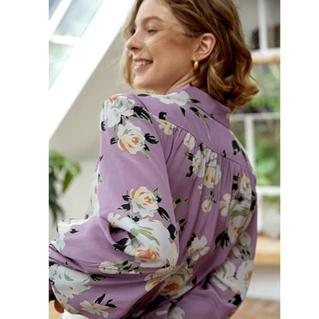 Matase Bluza Femei Camasa Stil Vintage Cu Flori Imprimate Mâneci Lungi Vrac V Gât Grațios Stil De Moda Noua