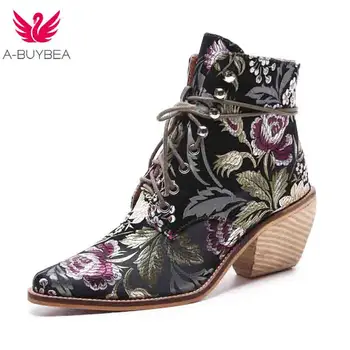 Toc glezna cizme livrare gratuita femei pantofi de iarnă 2018 Noua femeie cizme brodate botines mujer botte femme bottine Flori