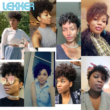 Lekker Cret Par Uman, Peruci pentru Femei Negre Pixie Cut peruci Afro Pervers Ondulat Peruca Brazilian Remy de Păr Scurte Parte peruca cu Breton