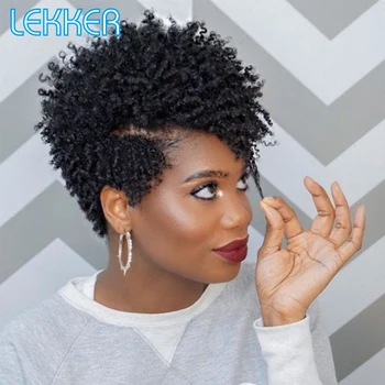 Lekker Cret Par Uman, Peruci pentru Femei Negre Pixie Cut peruci Afro Pervers Ondulat Peruca Brazilian Remy de Păr Scurte Parte peruca cu Breton
