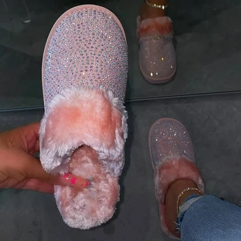Blană Slide-uri de Femei Papuci de Iarnă Pantofi de Cristal Plat Papuci pentru Femei Blană Cald Slide-uri de sex Feminin Zapatos De Mujer