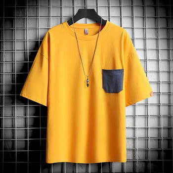 Buzunar Frontal T-shirt Barbati T-Shirt Harajuku Culoare Solidă Gât Echipajului Bărbați Hip Hop Streetwear Tricou 4XL Homme Topuri Teuri XXXXL