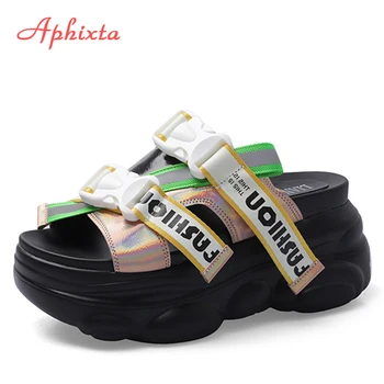 Aphixta 2020 Noua Platforma Tocuri Papuci Femeie Catarama Cu Paiete Femei De Vară, Papuci De Casă Decolora Doamnelor Pene Tobogane De Pantofi De Femeie