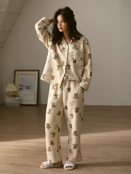 Aer bumbac pijama seturi pentru femei pentru toamna si iarna din bumbac cu trei straturi de cald îngroșa feminin haine de acasă