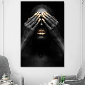 HD Imprimare De EPSOM Negru și Auriu African Nud Femeie Panza Pictura Portret Postere si Printuri Poze de Perete pentru Camera de zi