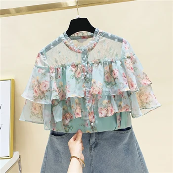 Femei Vara Top Zburli Florale Șifon Bluza Cu Mânecă Scurtă Cămașă Nouă Doamnă Elegant De Design De Moda Topuri Bluze Blusas Feminina