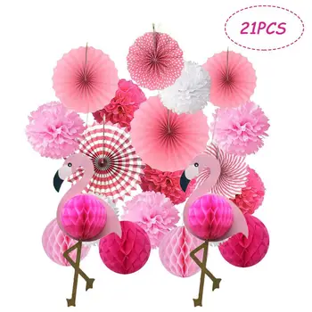 21Pcs/Set Roz Hârtie Pom Poms Flori de Fan si Flamingo Fagure de miere Bile pentru Copii de Duș Nunta Decoratiuni Festival