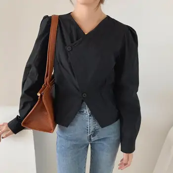Yedinas Stil Coreean Femei Topuri Si Bluze Cu Maneci Lungi V-Neck Solid Doamnelor Tricou Vrac Epocă Neregulate Sus Mujer Toamna Anului Nou