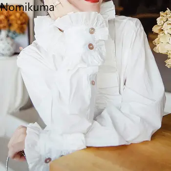 Momikuma 2020 Toamna Noua Femei Bluza Zburli Stand Gât Petală Maneca coreean Camasa Eleganta de Cauzalitate Alb Blusas Elegantes 6C450