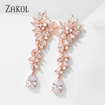 ZAKOL de Lux Cluster Frunze de Zirconiu Cristal Femeile Lung Legăna Cercei cu Argint Culoare Lacrimă pentru Nunta Nupțial Bijuterii