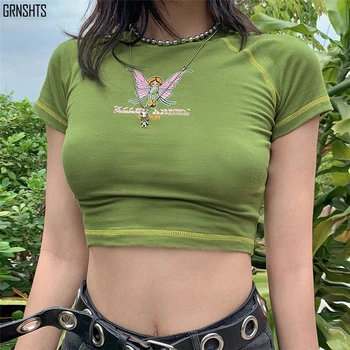 Y2K Fluture Grafic de Imprimare Scrisoare Ochi O-gât Verde Topuri Culturilor de Vară Grunge StyleShort Sleeve T-shirt de E-fata Streetwear