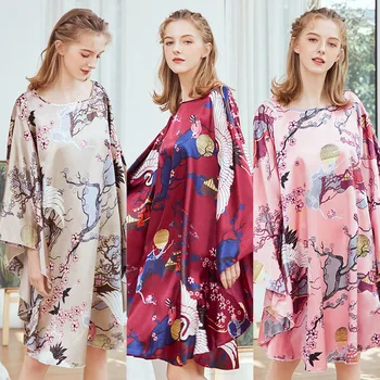 Femei Lungă De Mătase Sexy Pijamale Satin Florale Sleepwear Maneci Liliac Genunchi Lungime Sleepshirts Roz Cămașă De Noapte Poarte Rochie Rochie