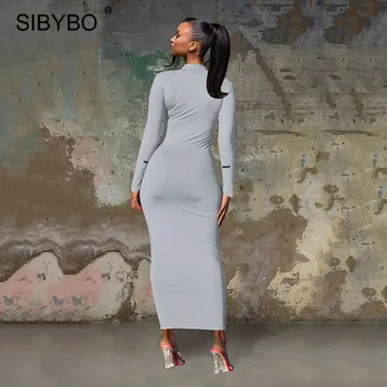 Sibybo Sexy Guler Bodycon Rochii De Iarnă Casual Cu Maneci Lungi Cu Fermoar Femei Rochie 2020 Feminin Stretch Lung Club Petrecere Vestidos