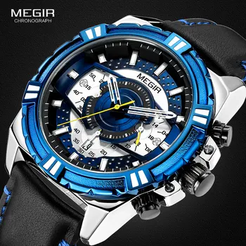 2019 MEGIR Noua Moda Mens Ceasuri de Top de Brand de Lux Cadran Mare Armată Sport Cronograf Cuarț Ceas de mână Ceas din Piele 2118 Albastru