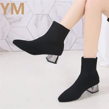 Femei Sexy Negru Glezna Ciorap Cizme 2020 Moda Primavara Toamna Întinde Indesata Tocuri Ascuțite Toe Pantofi De Iarna Zapatos De Mujer