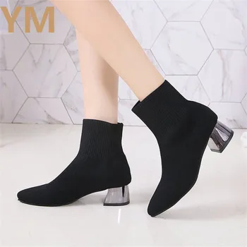 Femei Sexy Negru Glezna Ciorap Cizme 2020 Moda Primavara Toamna Întinde Indesata Tocuri Ascuțite Toe Pantofi De Iarna Zapatos De Mujer