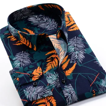 8XL 9XL 10XL2020 toamnă nouă bărbați cu mâneci lungi tricou clasic frunze de plante floare de imprimare vrac cu mâneci lungi tricou brand camasa casual
