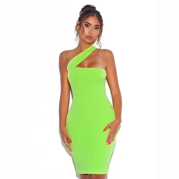Noua Moda Sexy Verde Fluorescent Unul-Umăr Rochie 2020 Toamna Bodycon femeii Club Rochie Petrecere Vestidos
