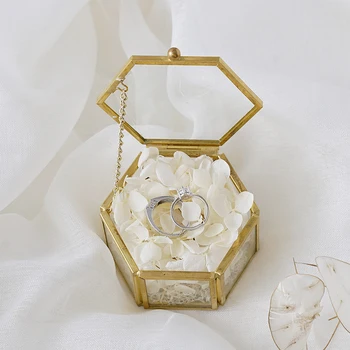 Cutie de sticlă pentru Verighete,Inel Clar Purtător Cutie,Cadou de Nunta Personalizat în Formă de Hexagon Cutie de Inel,Flori Mici Cutie de Bijuterii