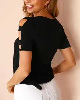 De Vară 2020 Femei de Moda Elegant Solid Casual T-shirt de Bază Geo Taie Top Casual