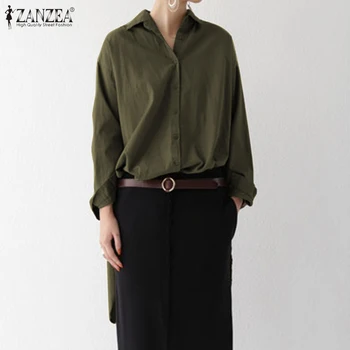 Femei elegante Rever Gât Bluza Tricou Lung ZANZEA Moda cu Maneci Lungi Solid Split Blusas Casual cu Nasturi în partea de Sus Camasa Tunica