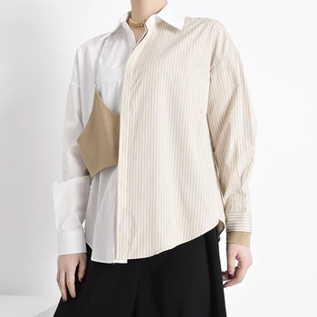 [MEM] Femei Kaki cu Dungi Neregulate de Dimensiuni Mari Bluza Noua Rever Maneca Lunga Tricou Vrac se Potrivi Moda Primavara Toamna anului 2021 1Y91304
