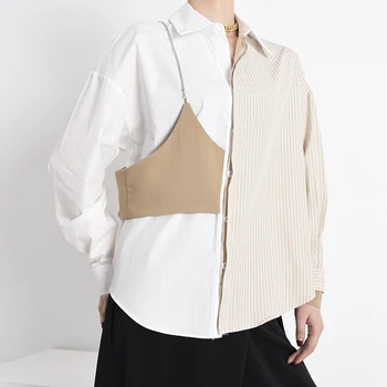 [MEM] Femei Kaki cu Dungi Neregulate de Dimensiuni Mari Bluza Noua Rever Maneca Lunga Tricou Vrac se Potrivi Moda Primavara Toamna anului 2021 1Y91304