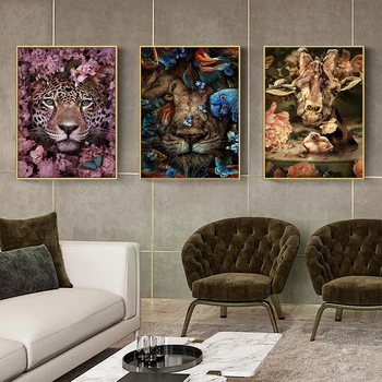 Animale Din Flori De Panza Pictura Arta De Perete Leu Poster Tigru, Elefant Elan Urangutan Imagine Modernă Clasică Pictura Decorativa