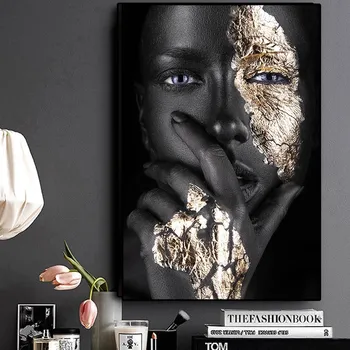 Arta africană Negru și Aur Femeie Pictura in Ulei pe Panza Cuadros Postere si Printuri Scandinave Arta de Perete de Imagine pentru Camera de zi