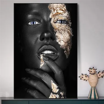 Arta africană Negru și Aur Femeie Pictura in Ulei pe Panza Cuadros Postere si Printuri Scandinave Arta de Perete de Imagine pentru Camera de zi